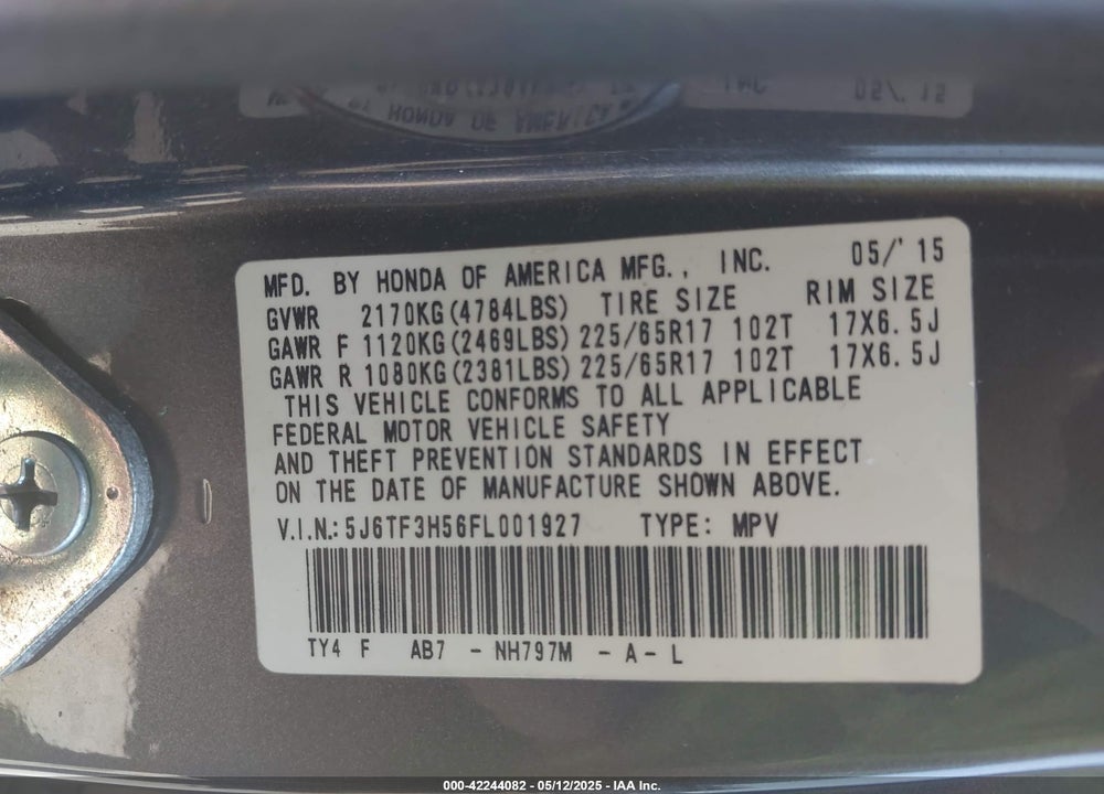2015 HONDA CROSSTOUR VIN: 5J6TF3H56FL001927