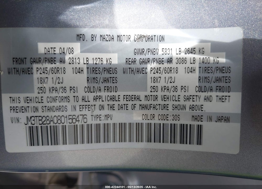 2008 MAZDA CX-9 TOURING VIN: JM3TB28A080156476