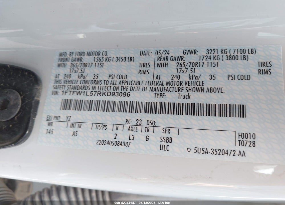 2024 FORD F-150 VIN: 1FTFW1L57RKD93096