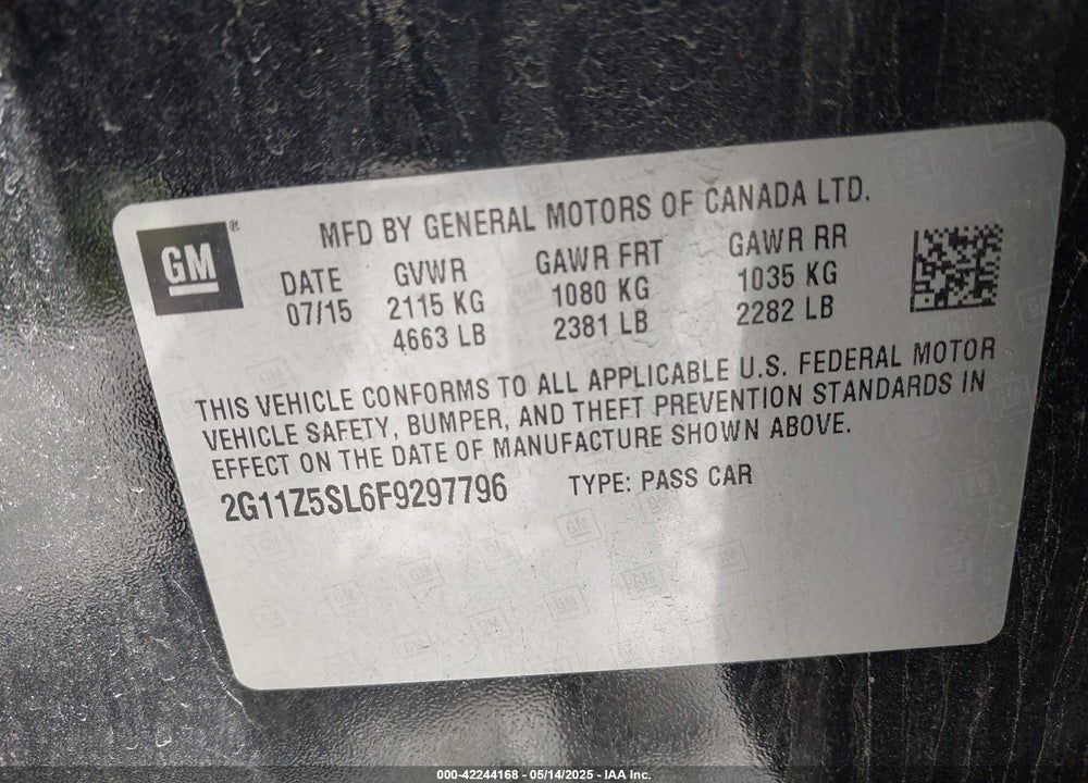 2015 CHEVROLET IMPALA VIN: 2G11Z5SL6F9297796