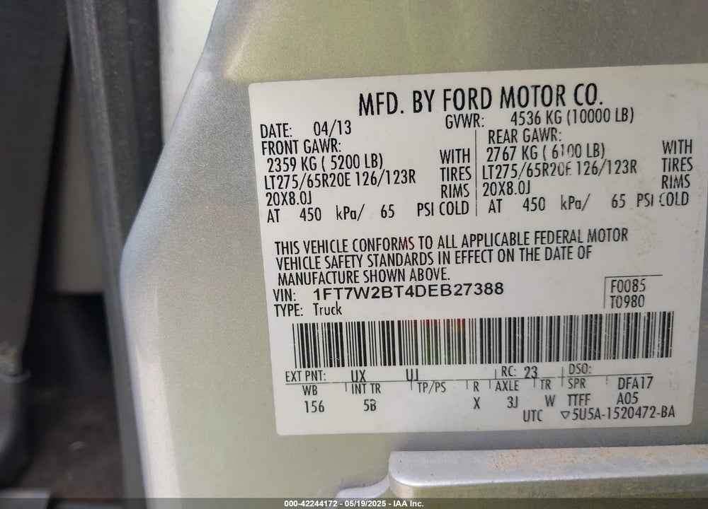 2013 FORD F-250 LARIAT VIN: 1FT7W2BT4DEB27388