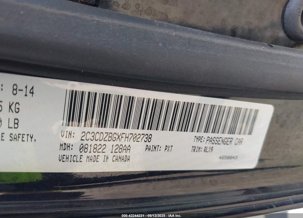 2015 DODGE CHALLENGER VIN: 2C3CDZBGXFH702738