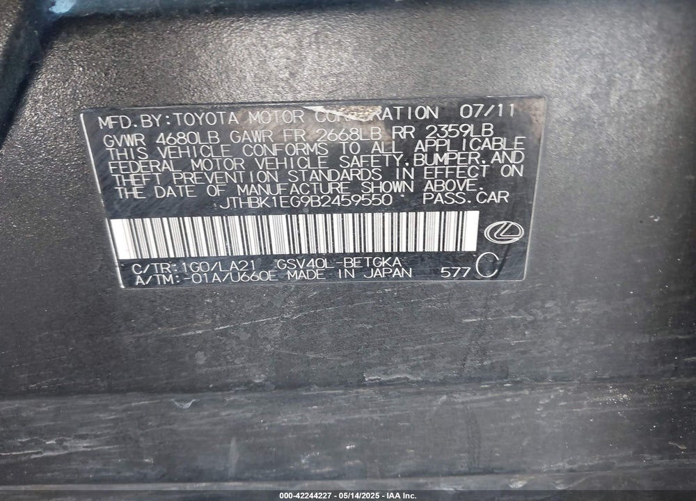 2011 LEXUS ES 350 VIN: JTHBK1EG9B2459550