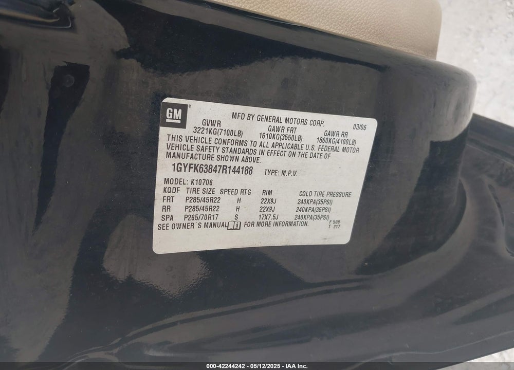 2007 CADILLAC ESCALADE STANDARD VIN: 1GYFK63847R144188