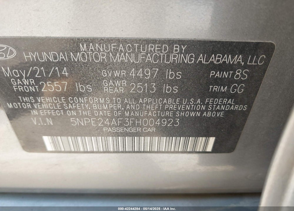 2015 HYUNDAI SONATA SE VIN: 5NPE24AF3FH004923