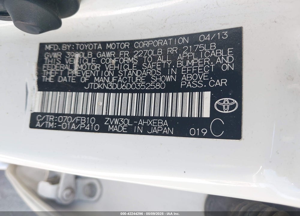 2013 TOYOTA PRIUS VIN: JTDKN3DU6D0352580