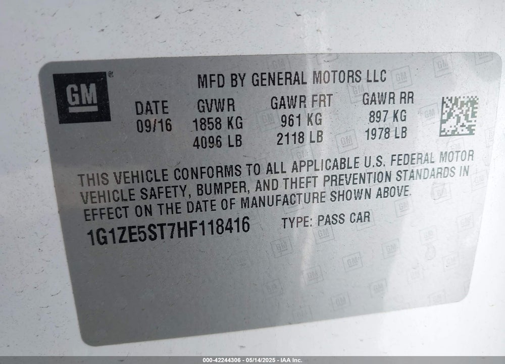 2017 CHEVROLET MALIBU VIN: 1G1ZE5ST7HF118416