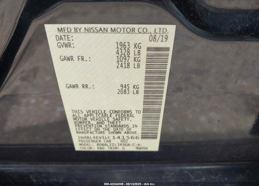 2020 NISSAN ALTIMA SL FWD VIN: 1N4BL4EV1LC141566