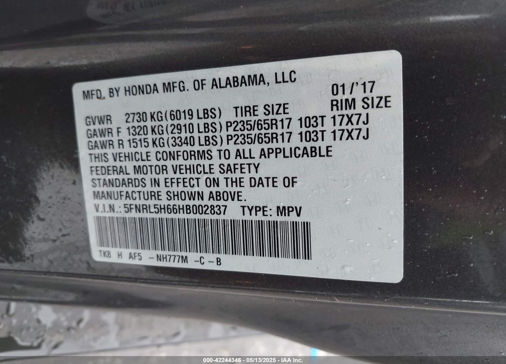 2017 HONDA ODYSSEY EX-L VIN: 5FNRL5H66HB002837