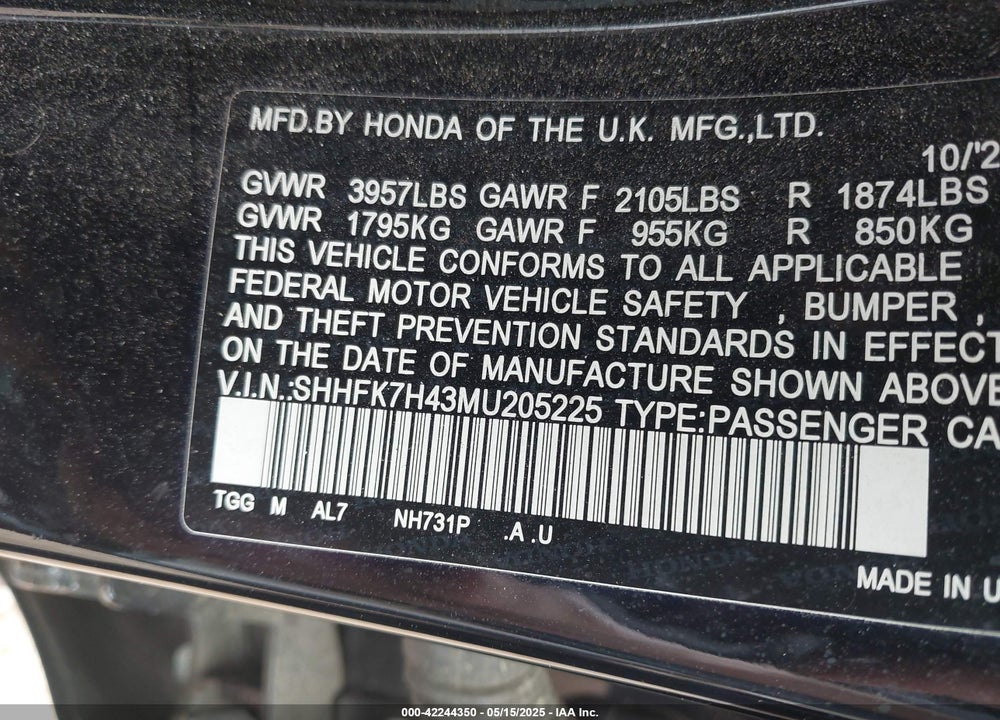2021 HONDA CIVIC SPORT VIN: SHHFK7H43MU205225