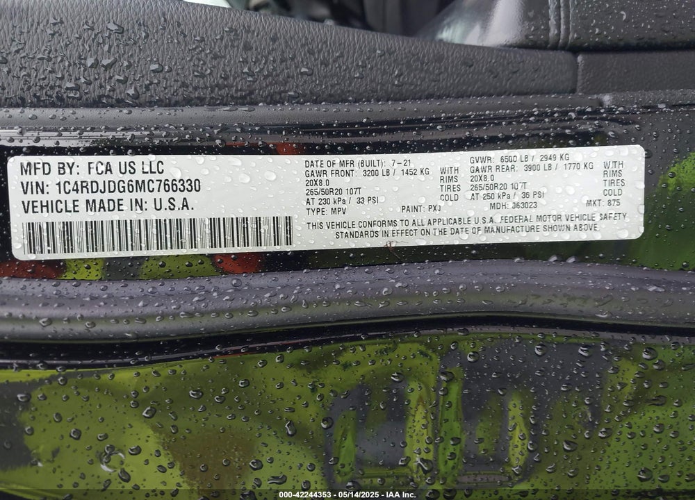 2021 DODGE DURANGO VIN: 1C4RDJDG6MC766330