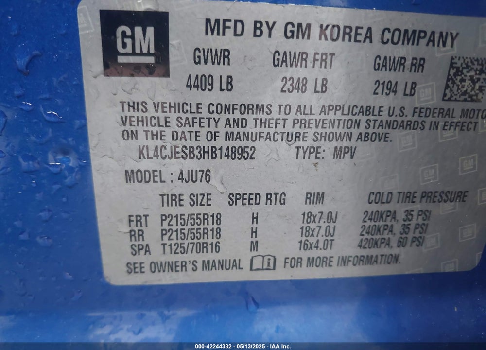 2017 BUICK ENCORE PREFERRED VIN: KL4CJESB3HB148952