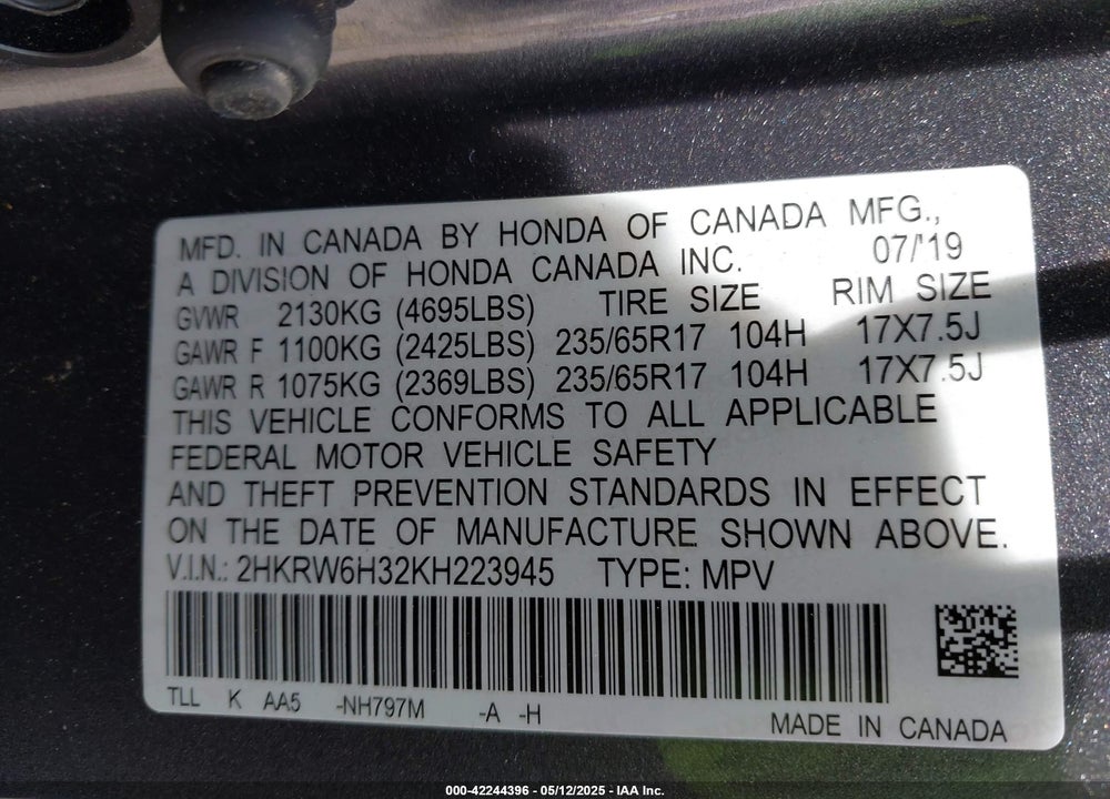 2019 HONDA CR-V VIN: 2HKRW6H32KH223945