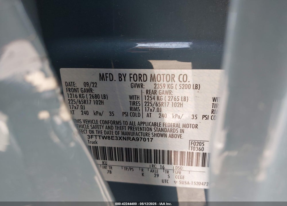 2022 FORD MAVERICK VIN: 3FTTW8E3XNRA97017