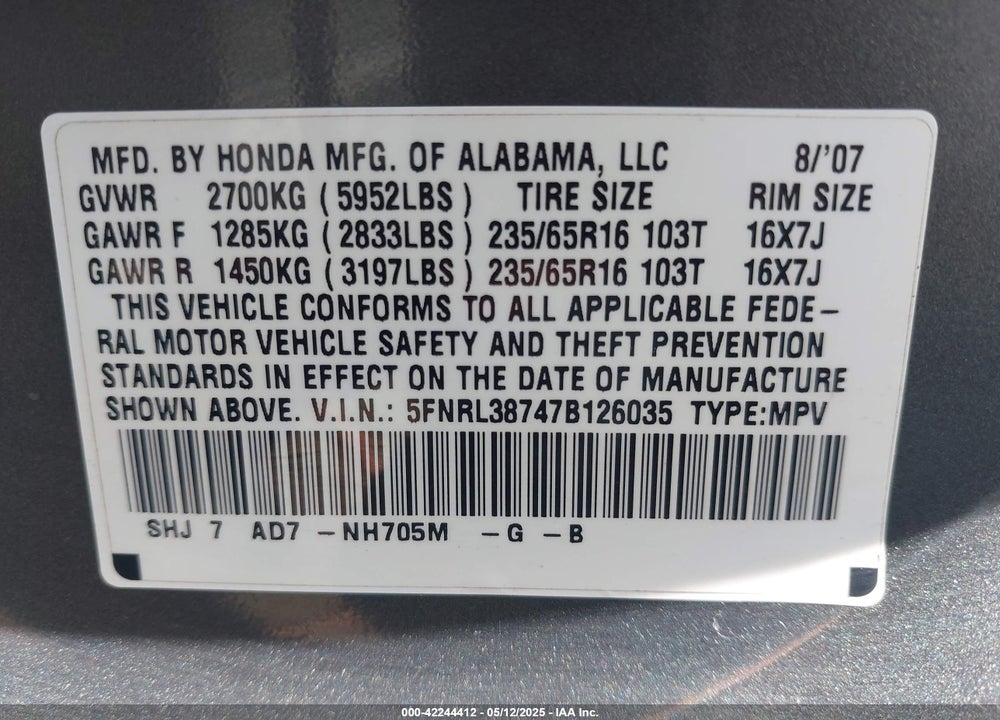 2007 HONDA ODYSSEY VIN: 5FNRL38747B126035