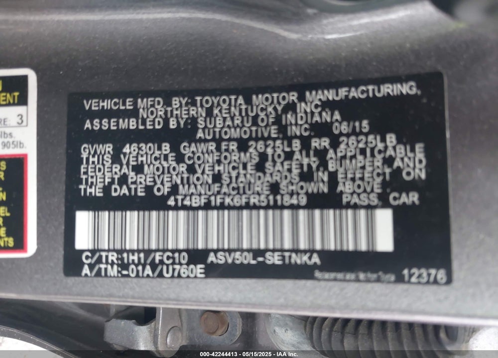 2015 TOYOTA CAMRY VIN: 4T4BF1FK6FR511849