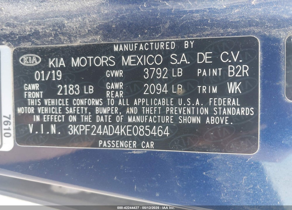 2019 KIA FORTE VIN: 3KPF24AD4KE085464