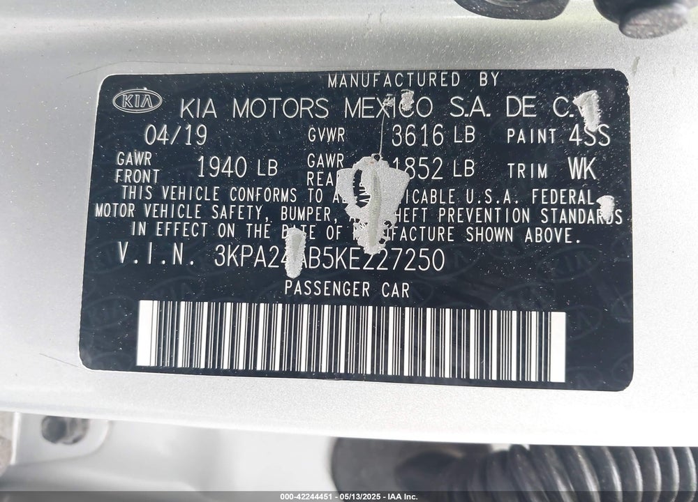 2019 KIA RIO VIN: 3KPA24AB5KE227250