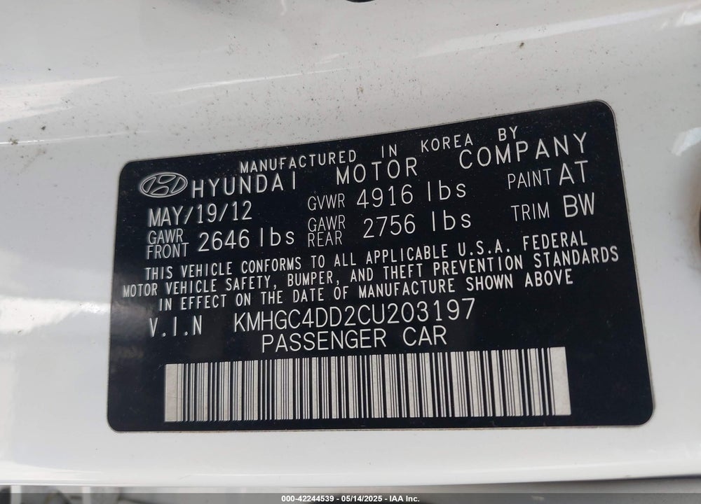 2012 HYUNDAI GENESIS 3.8 VIN: KMHGC4DD2CU203197