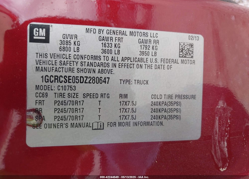 2013 CHEVROLET SILVERADO 1500 LT VIN: 1GCRCSE05DZ280647