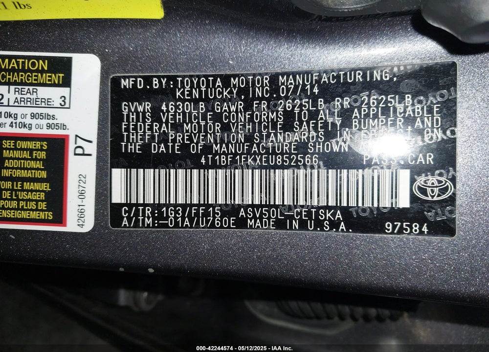 2014 TOYOTA CAMRY SE VIN: 4T1BF1FKXEU852566