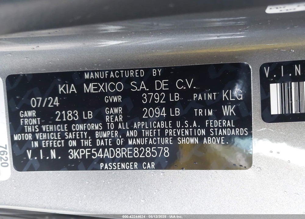 2024 KIA FORTE GT LINE VIN: 3KPF54AD8RE828578