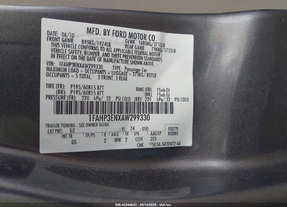 2010 FORD FOCUS VIN: 1FAHP3ENXAW299330