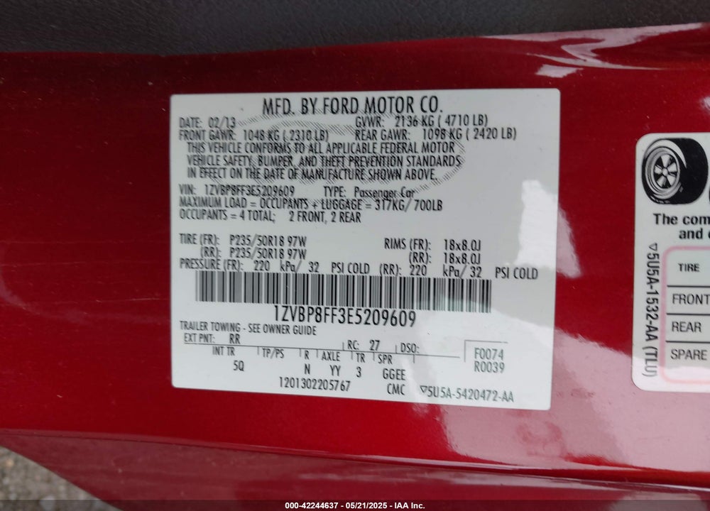 2014 FORD MUSTANG GT PREMIUM VIN: 1ZVBP8FF3E5209609