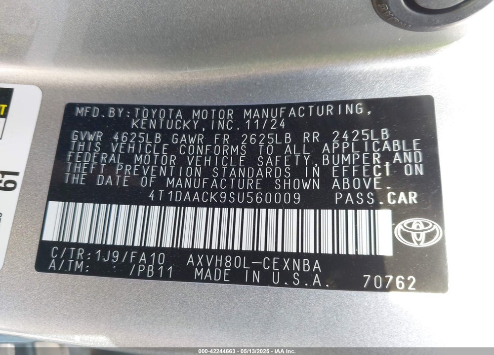 2025 TOYOTA CAMRY LE VIN: 4T1DAACK9SU560009