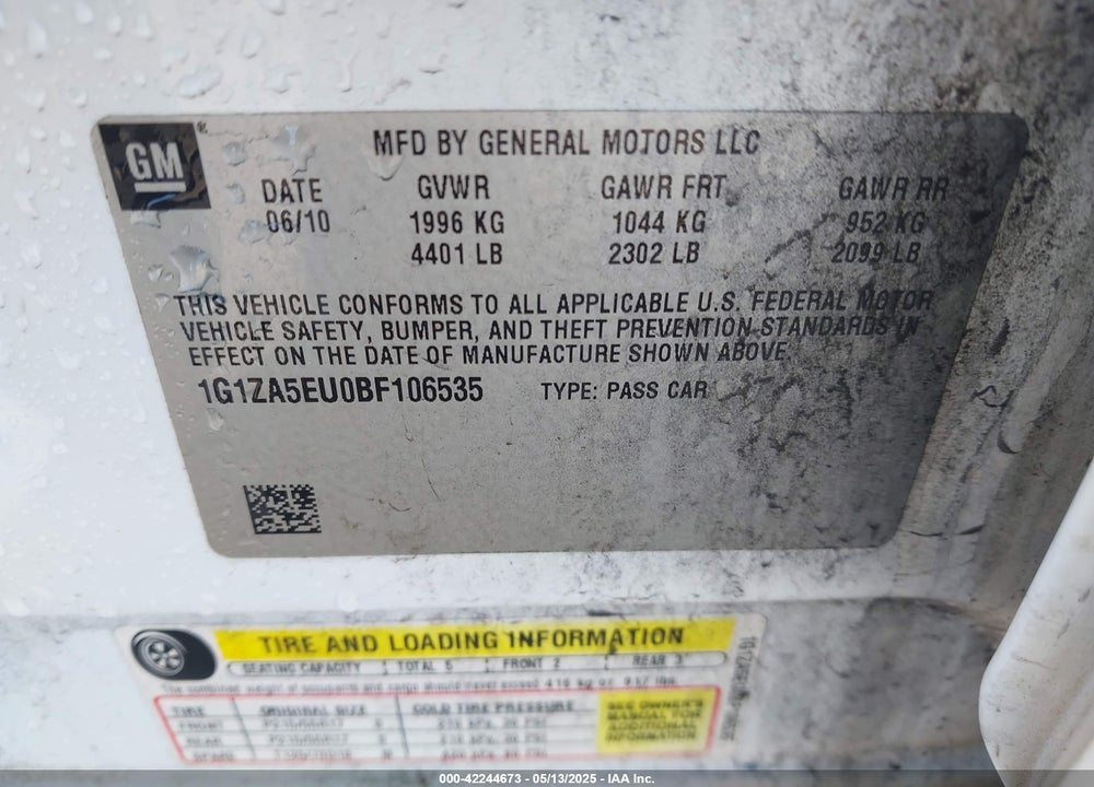 2011 CHEVROLET MALIBU VIN: 1G1ZA5EU0BF106535
