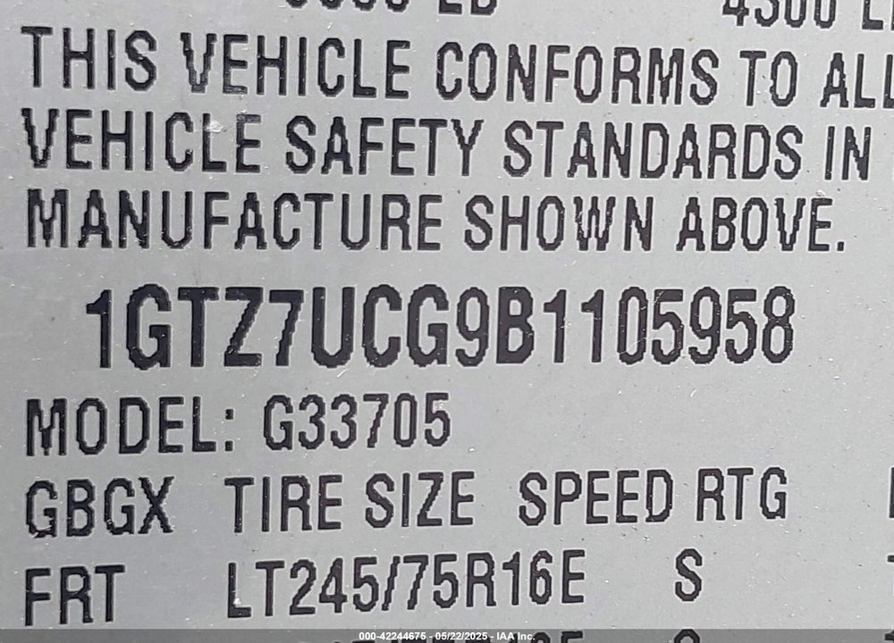 2011 GMC SAVANA 3500 WORK VAN VIN: 1GTZ7UCG9B1105958