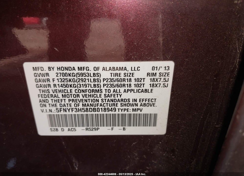 2013 HONDA PILOT VIN: 5FNYF3H58DB018949