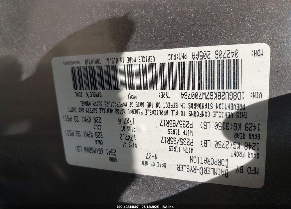 2007 DODGE NITRO VIN: 1D8GU28K67W700764