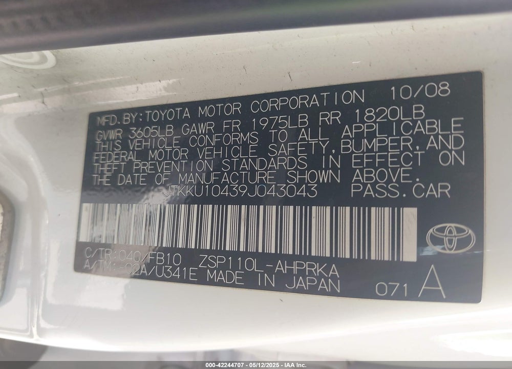 2009 SCION XD VIN: JTKKU10439J043043