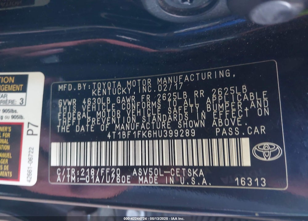 2017 TOYOTA CAMRY VIN: 4T1BF1FK6HU399289