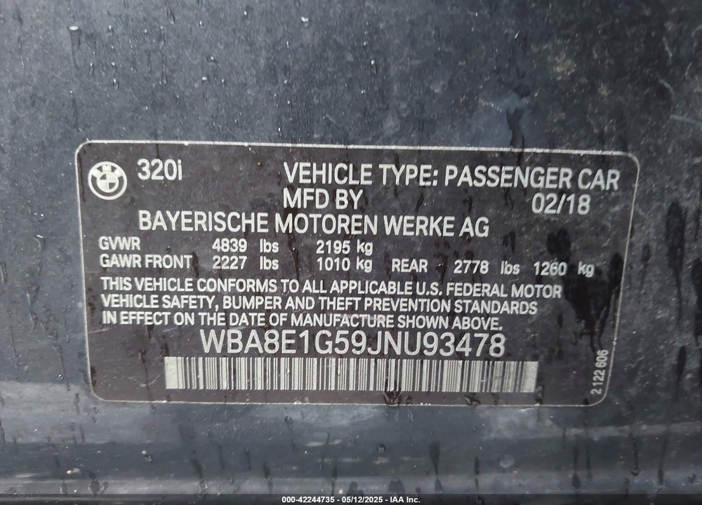 2018 BMW 3 SERIES VIN: WBA8E1G59JNU93478