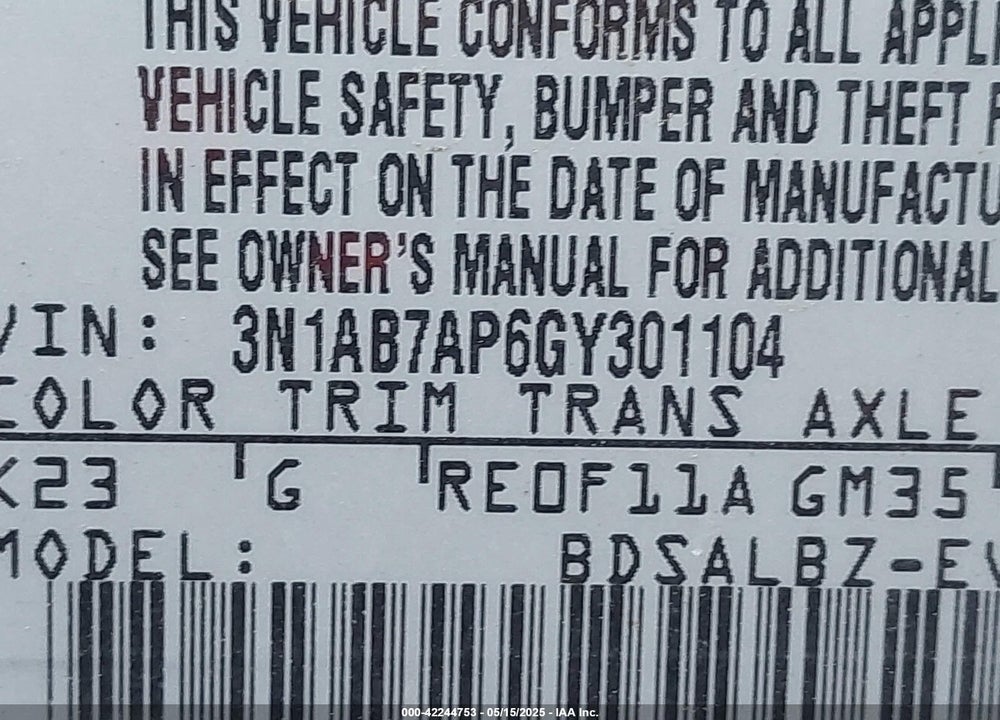 2016 NISSAN SENTRA VIN: 3N1AB7AP6GY301104