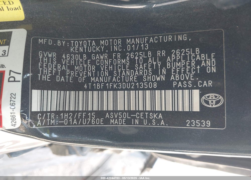 2013 TOYOTA CAMRY SE VIN: 4T1BF1FK3DU213508