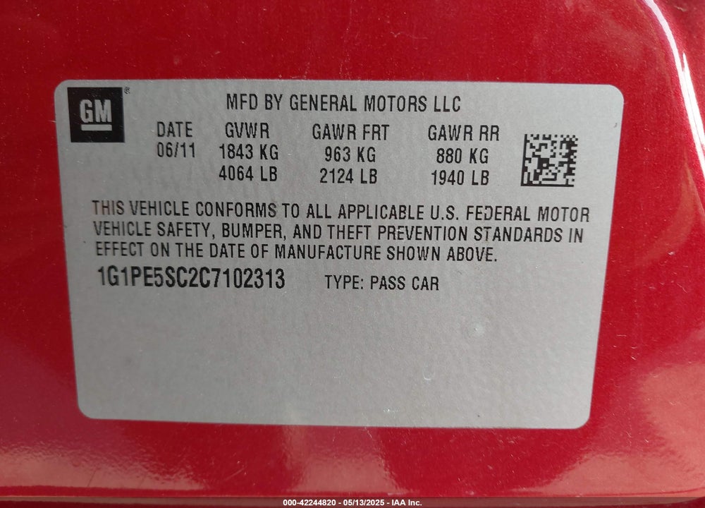 2012 CHEVROLET CRUZE LT VIN: 1G1PE5SC2C7102313