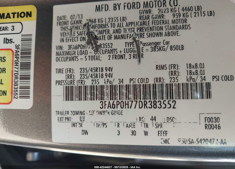 2013 FORD FUSION VIN: 3FA6P0H77DR383552