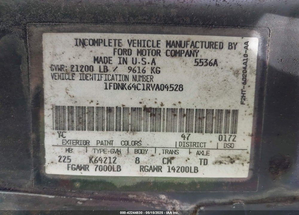 1994 FORD F600 F VIN: 1FDNK64C1RVA04528