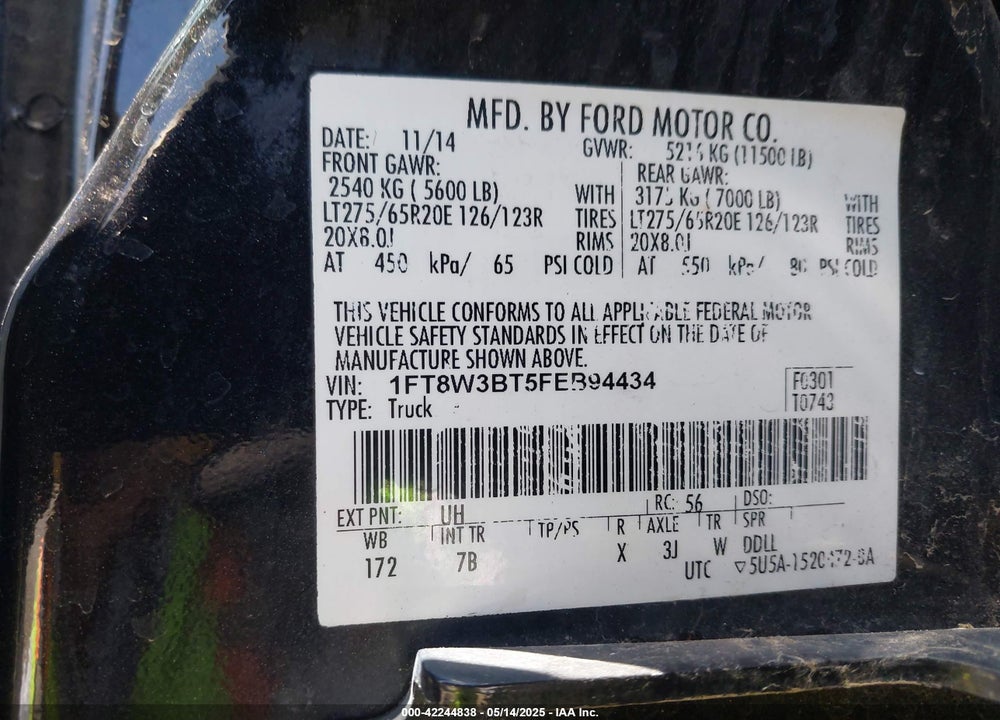 2015 FORD F-350 LARIAT VIN: 1FT8W3BT5FEB94434