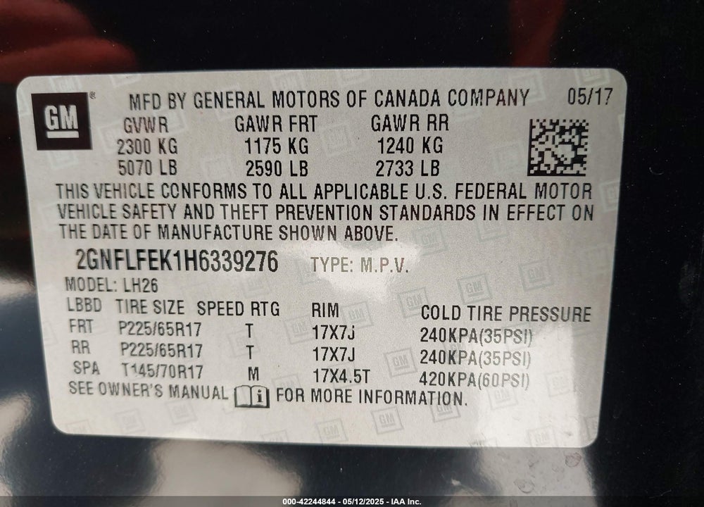 2017 CHEVROLET EQUINOX VIN: 2GNFLFEK1H6339276