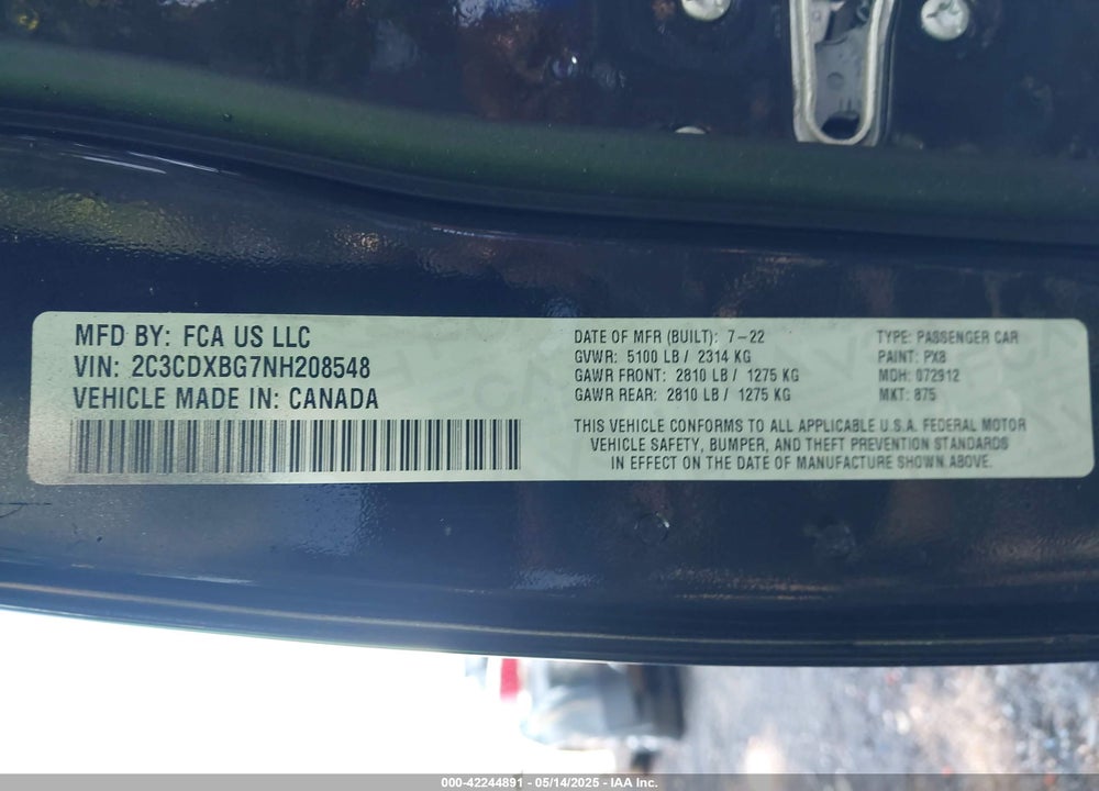 2022 DODGE CHARGER VIN: 2C3CDXBG7NH208548