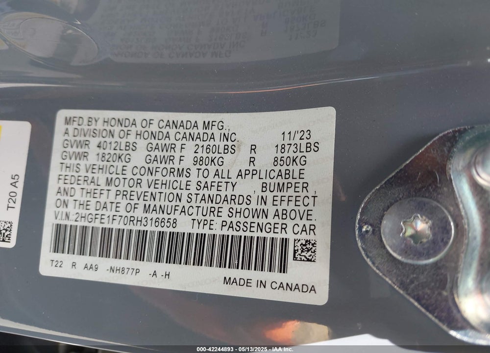 2024 HONDA CIVIC VIN: 2HGFE1F70RH316658