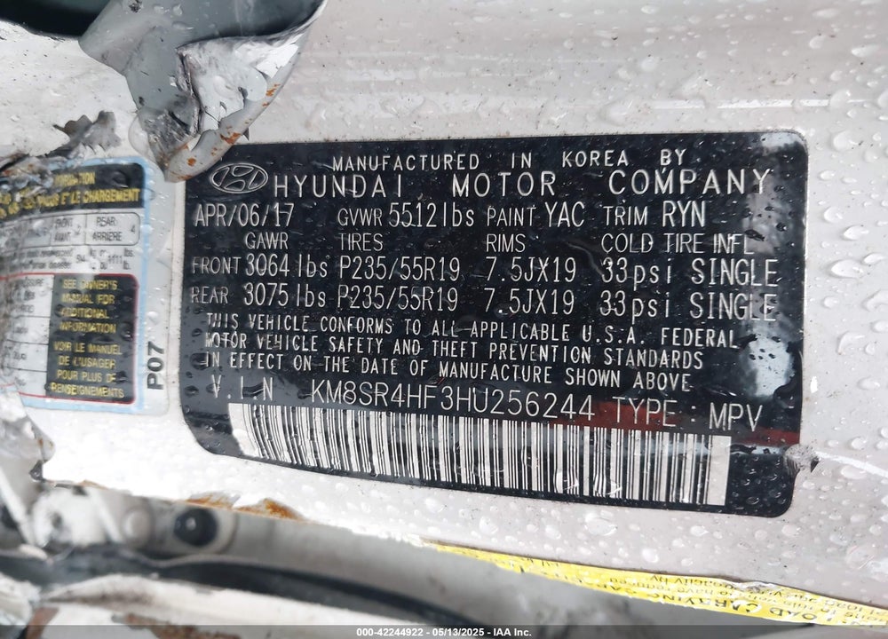 2017 HYUNDAI SANTA FE VIN: KM8SR4HF3HU256244