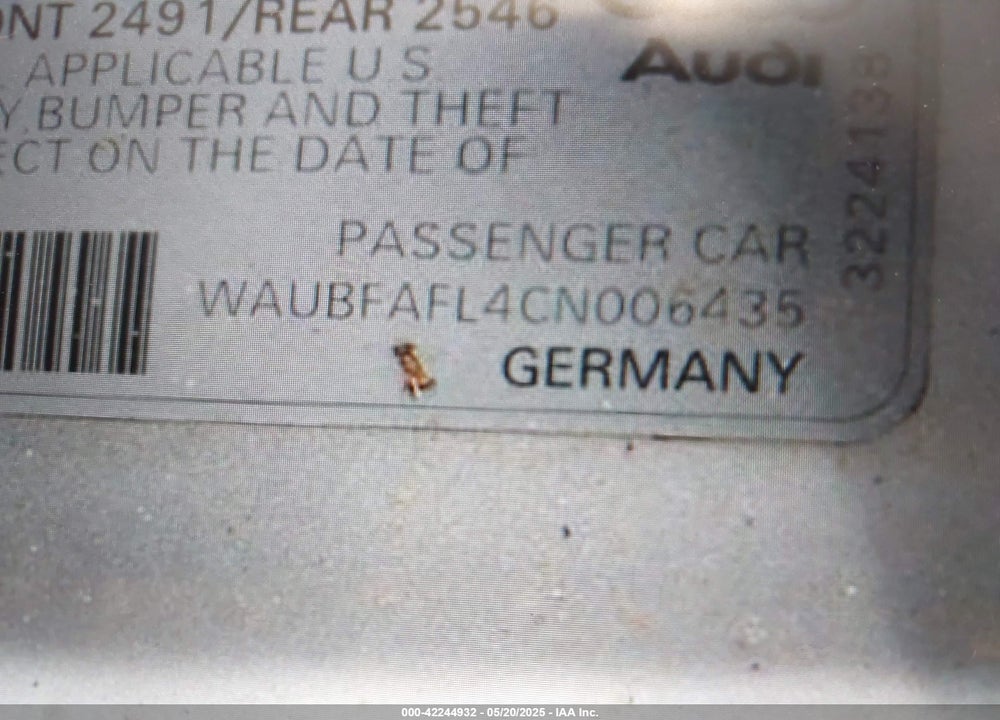 2012 AUDI A4 VIN: WAUBFAFL4CN006435