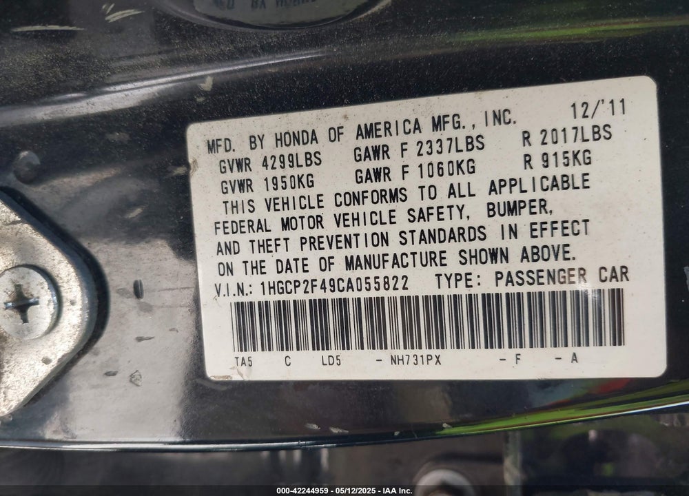 2012 HONDA ACCORD VIN: 1HGCP2F49CA055822
