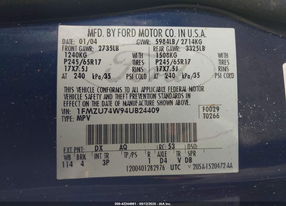 2004 FORD EXPLORER VIN: 1FMZU74W94UB24409