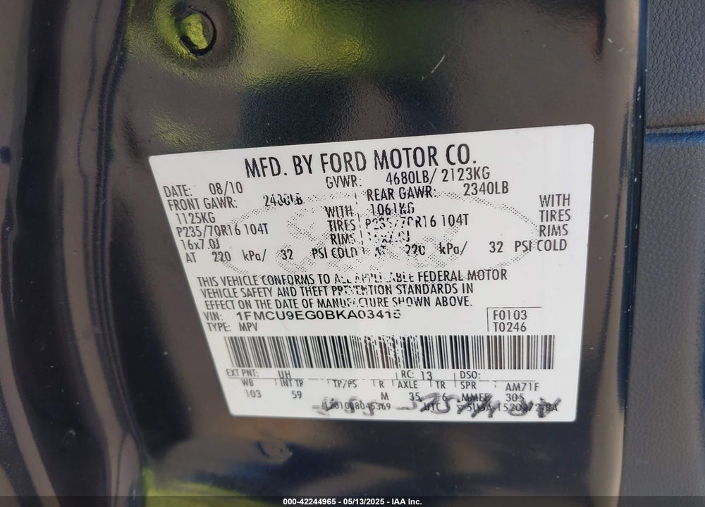 2011 FORD ESCAPE VIN: 1FMCU9EG0BKA03415